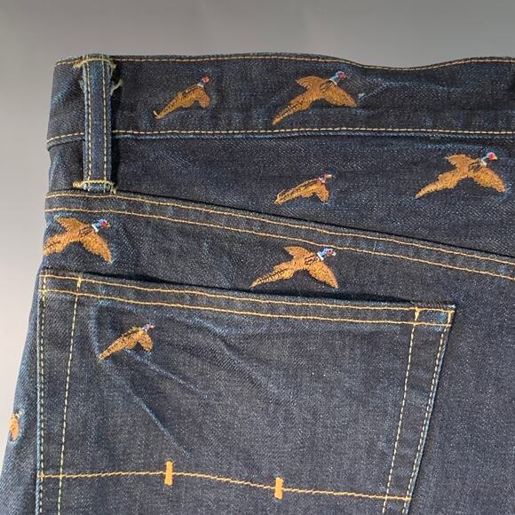 36 Indigo Cotton Selvedge Twill Straight Embroidered Birds Jeans - Picture 8 of 10